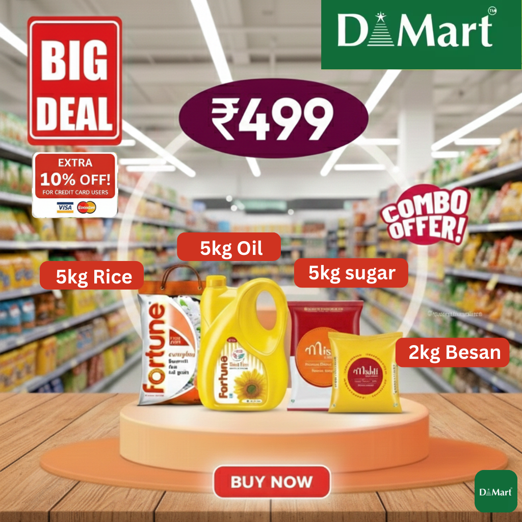 Dmart Combo: Fortune Basmati Rice 5kg, Oil 5L, Sugar 5kg & Besan 2kg