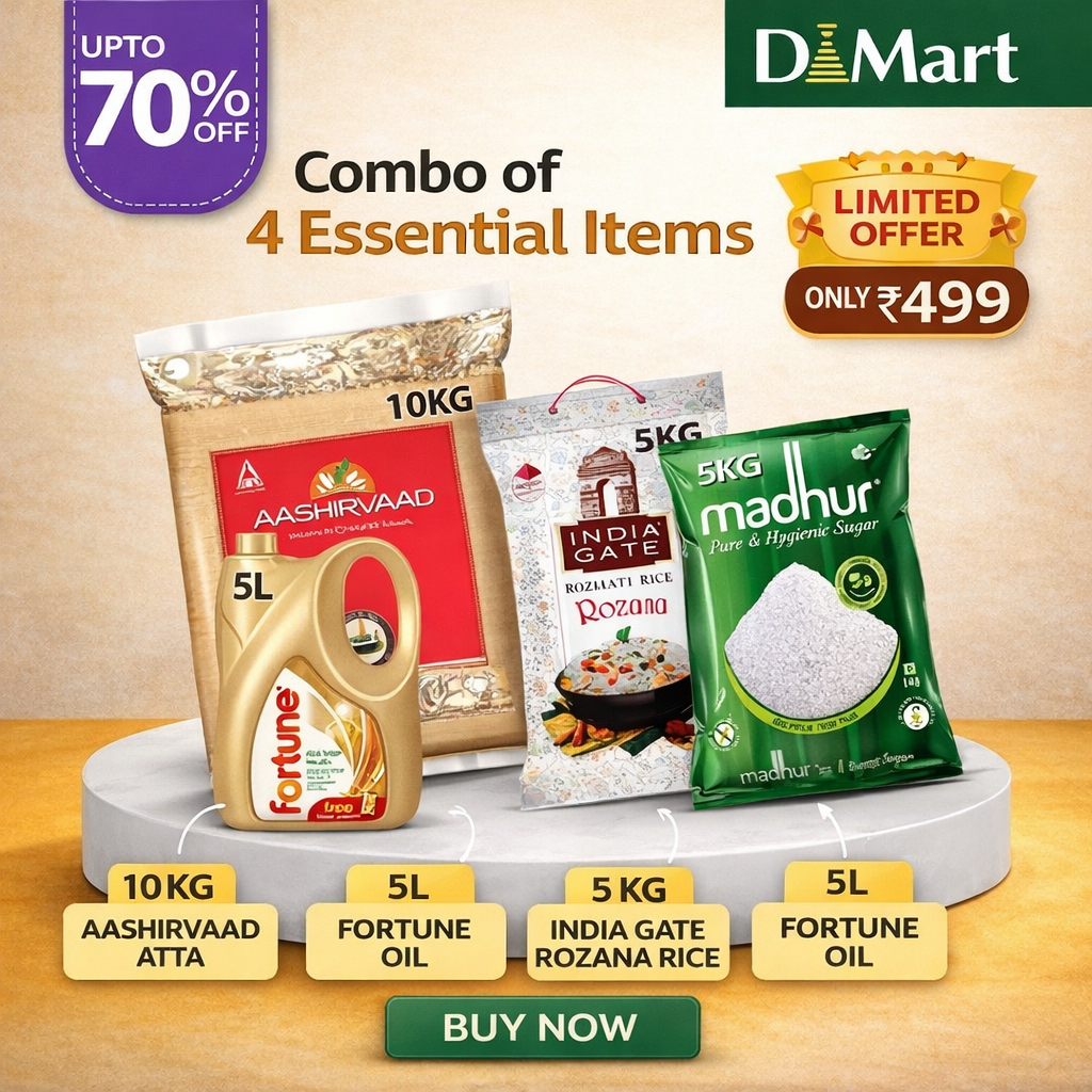 Mega Family Grocery Combo – Aashirvaad Atta, Fortune Oil, Rice & Sugar Pack