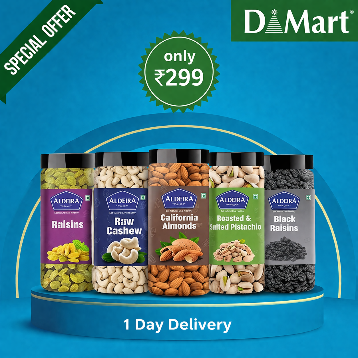 ALDEIRA Mix Dry Fruits Combo Pack of 5 (500g Each, Total 2.5kg) – Raisins, Black Raisins, Raw Cashews, California Almonds & Roasted Salted Pistachios | Healthy Snack | Nutrient-Rich Dry Fruits