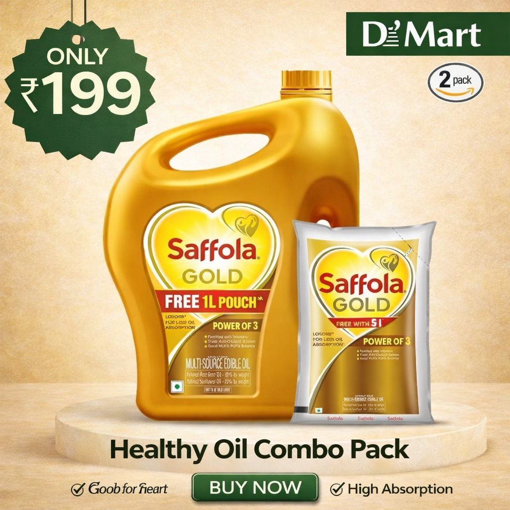 Saffola Gold Refined Edible Oil Combo Pack (Jar + 1L Free Pouch) – Heart Healthy Oil